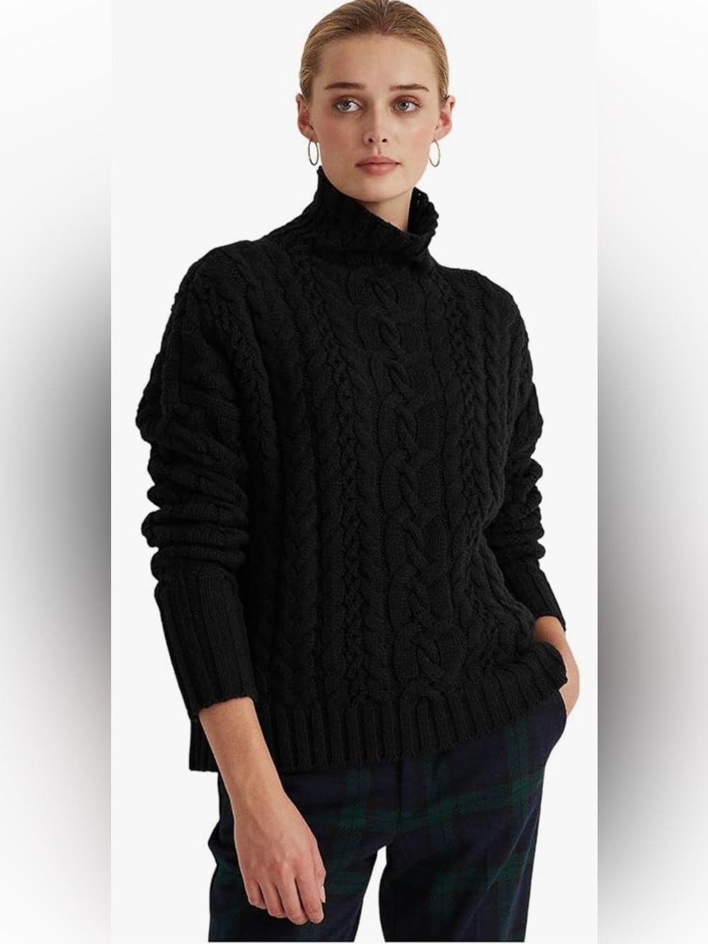LAUREN Ralph Lauren WMNS BLACK LONG SLEEVE TURTLENECK CABLE KNIT CHUNKY SWEATER